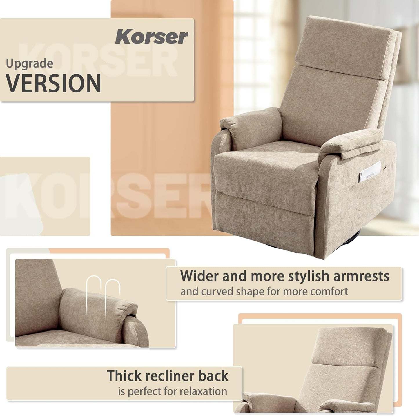 Korser Recliner Chair, Swivel Rocking Recliner Chair for Adults, Glider Rocking Chair, Small Nursery Chair Recliner for Living Room, Reclining Chair with Modern-Designed Armrests, Chenille, Beige