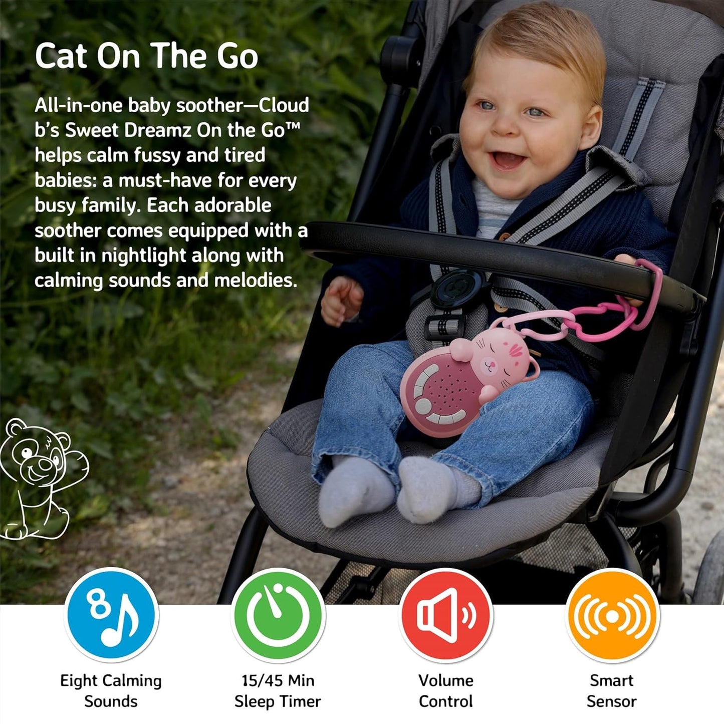 Cloud b Travel Comforting Sound Machine w/Calming Light | 4 White Noise and 4 Lullabies | Re-Activating Smart Sensor | Sweet Dreamz On the Go™ - Fox