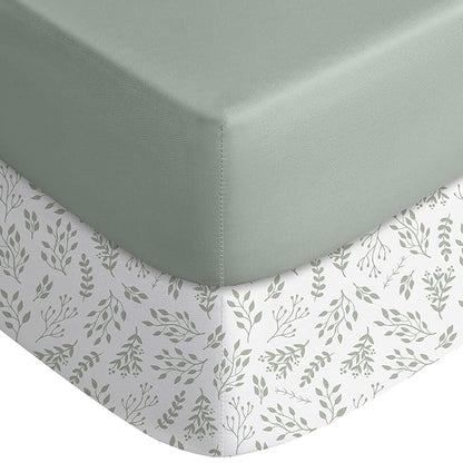 Yoofoss Pack and Play Sheets Fitted, Mini Crib Sheets 2-Pack for Pack N Play Mattress, Stretchy Playard Sheet, Soft and Breathable Green + Leaf