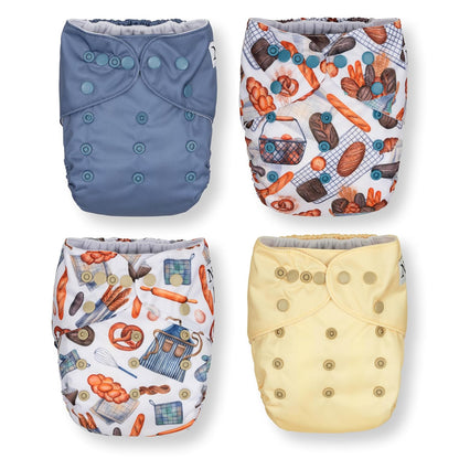 Nora's Nursery Cloth Pocket Diapers 4 Pack with 4 Inserts - Waterproof Cover, Washable, Reusable & One Size Adjustable Pocket Diapers for Newborns and Toddlers - Mama Bear