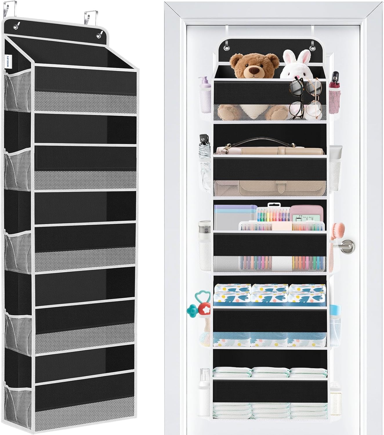 WISELIFE Over The Door Organizer Storage 4 Shelves Large Capacity Hanging Bedroom Storage Solution with 6 Side Pockets for Dorm Bathroom Pantry Nursery and Baby Essentials Holds up to 40 Lbs (Black)