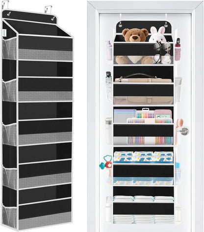WISELIFE Over The Door Organizer Storage 4 Shelves Large Capacity Hanging Bedroom Storage Solution with 6 Side Pockets for Dorm Bathroom Pantry Nursery and Baby Essentials Holds up to 40 Lbs (Black)