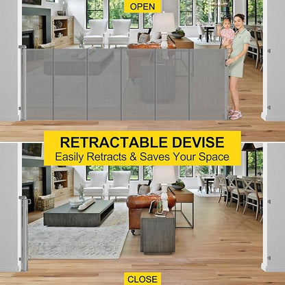 Reinforced 42” Tall x 130” Extra Wide Retractable Dog Gate Extra Tall Pet Gate with Rods to Prevent Crawling Through, Long Baby Gates for Dogs Child Safety Gate Mesh Dog Gate Indoor Outdoor, Gray