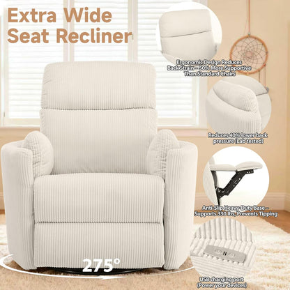 Oversized Swivel Rocking Chair, Manual Large Rocker Recliner Chairs for Adults, Corduroy Nursery Glider Barrel Chair with 2 Pillows, Wide Recliner for Living Room, Bedroom, Nursery, White