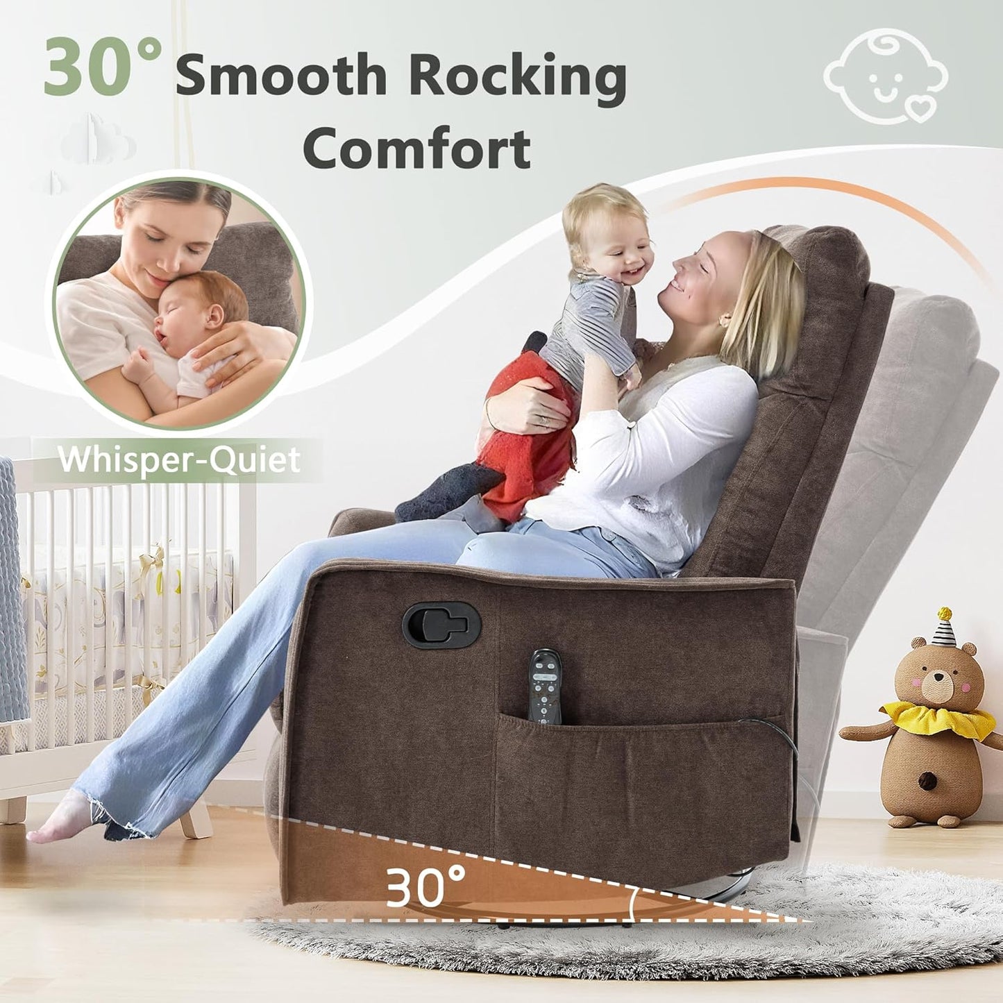 cinkehome Swivel Rocker Recliner, Glider Rocker Recliner Chair for Nursery, Manual Reclining Chair with Heated Massage, Small Spaces, Living Room, Khaki Chenille