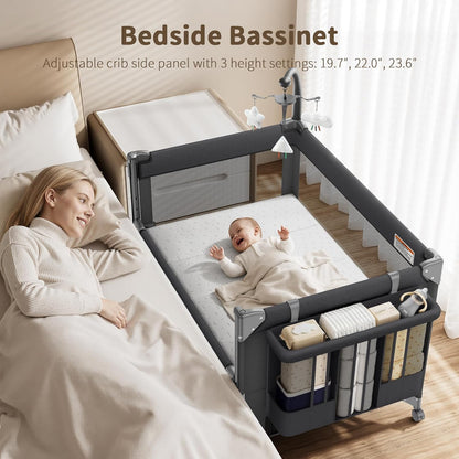 GAIVE 4 in 1 Baby Bassinet, One-Push Setup Pack and Play, Bedside Crib Sleeper with 3 Height Adjustable，Diaper Changer, Come with Comfy Mattress, Rotating Toy Bar, from Infants to Toddlers (Grey)