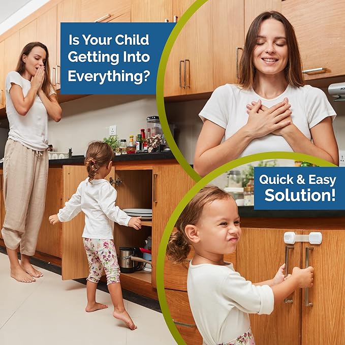 Child Safety Strap Locks (4-Pack) Baby Locks for Cabinets and Drawers, Toilet, Fridge & More. 3M Adhesive Pads. Easy Installation. (White/Gray)