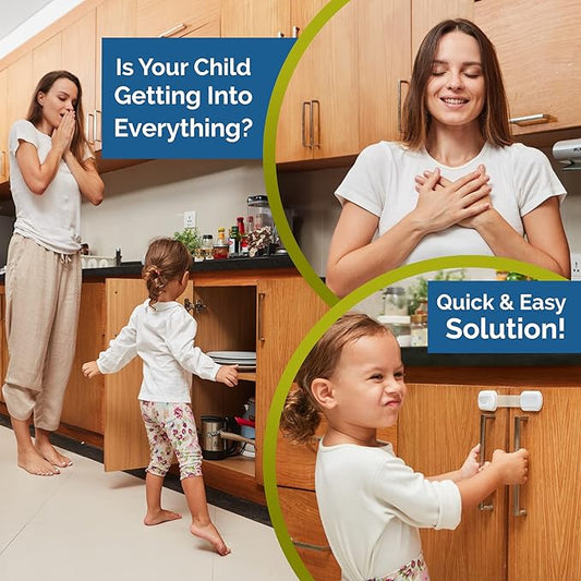 Child Safety Strap Locks (12 Pack) Baby Locks for Cabinets and Drawers, Toilet, Fridge & More. 3M Adhesive Pads. Easy Installation, No Drilling Required, White/Gray