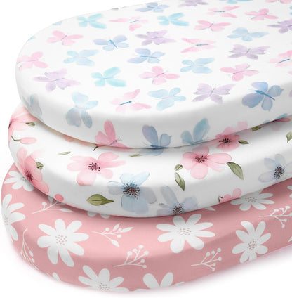 Baby Bedside Bassinet Sheets Girl, 33”x20” Compatible with Baby Delight Dream On Me & Most Rectangle Bedside Sleeper Bassinet Mattress, Super Soft Microfiber Pink Butterfly Flower