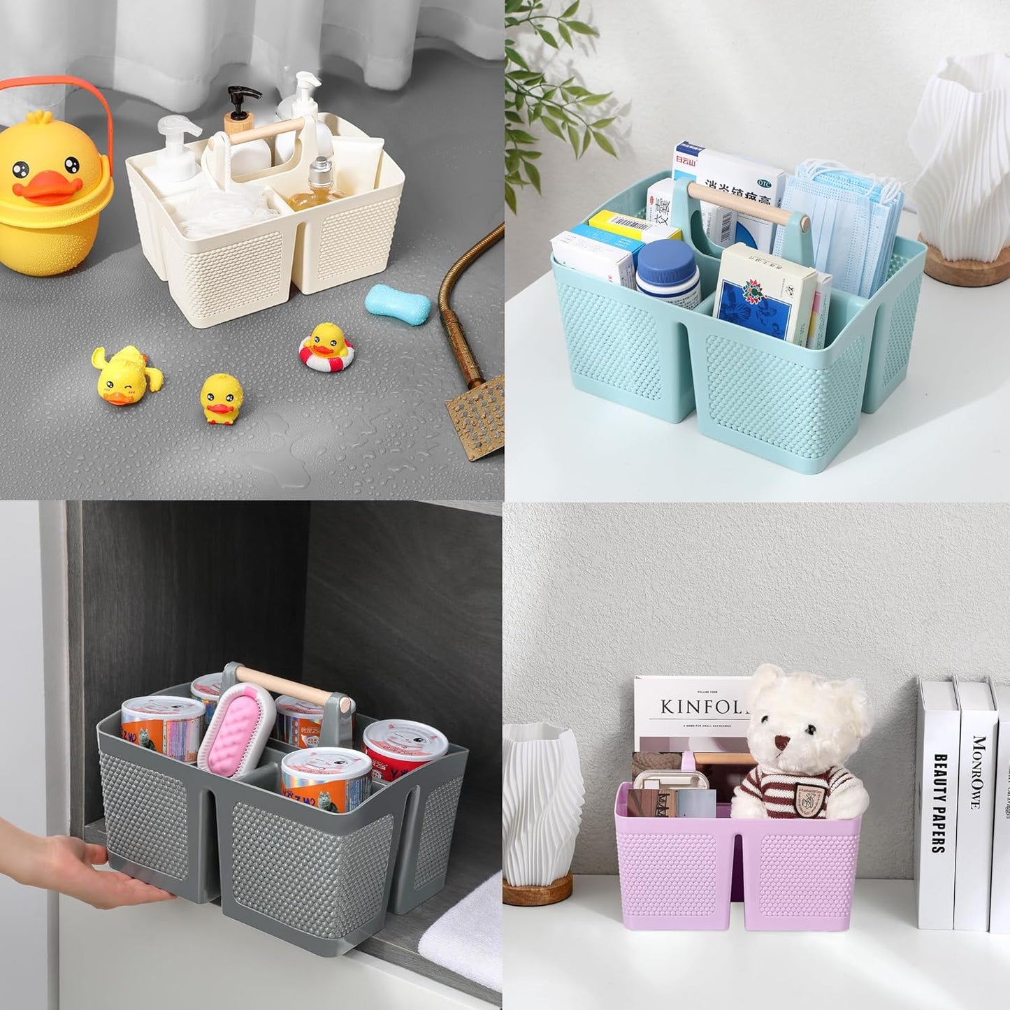 rejomiik Portable Shower Caddy Basket Plastic Cleaning Caddy Organizer Storage Tote with Handle for Bathroom, College, Dorm Room Essentials, White