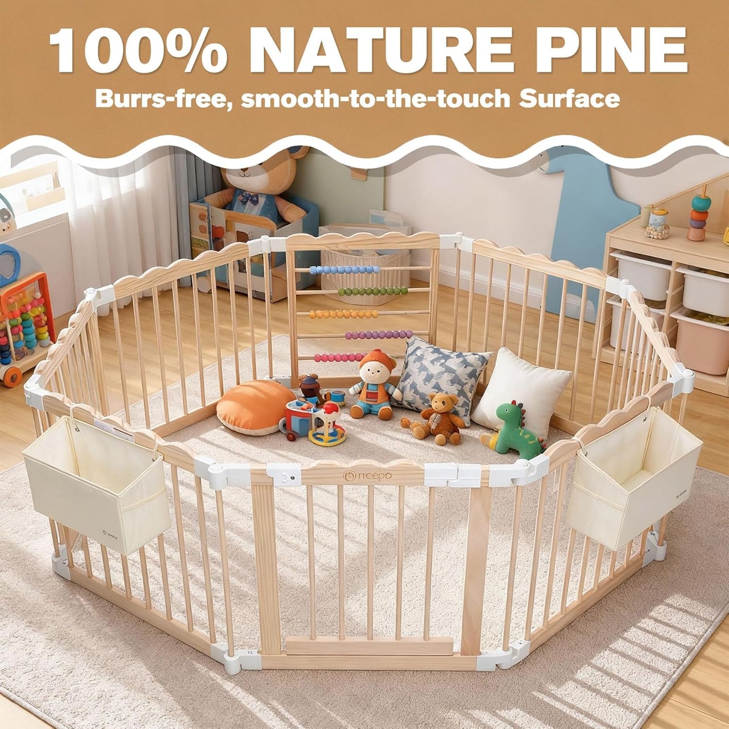 M MEEPO Foldable Baby Playpen, 57 x 57 x 25 in, Adjustable Shape & Size Wooden Baby Playpen with 2-Pack Storage Bags, Nature Pine Wood Play Yard for Infant, Toddler, Safety Lock Door, Build in Toys