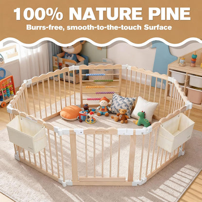 M MEEPO Foldable Baby Playpen, 57 x 57 x 25 in, Adjustable Shape & Size Wooden Baby Playpen with 2-Pack Storage Bags, Nature Pine Wood Play Yard for Infant, Toddler, Safety Lock Door, Build in Toys