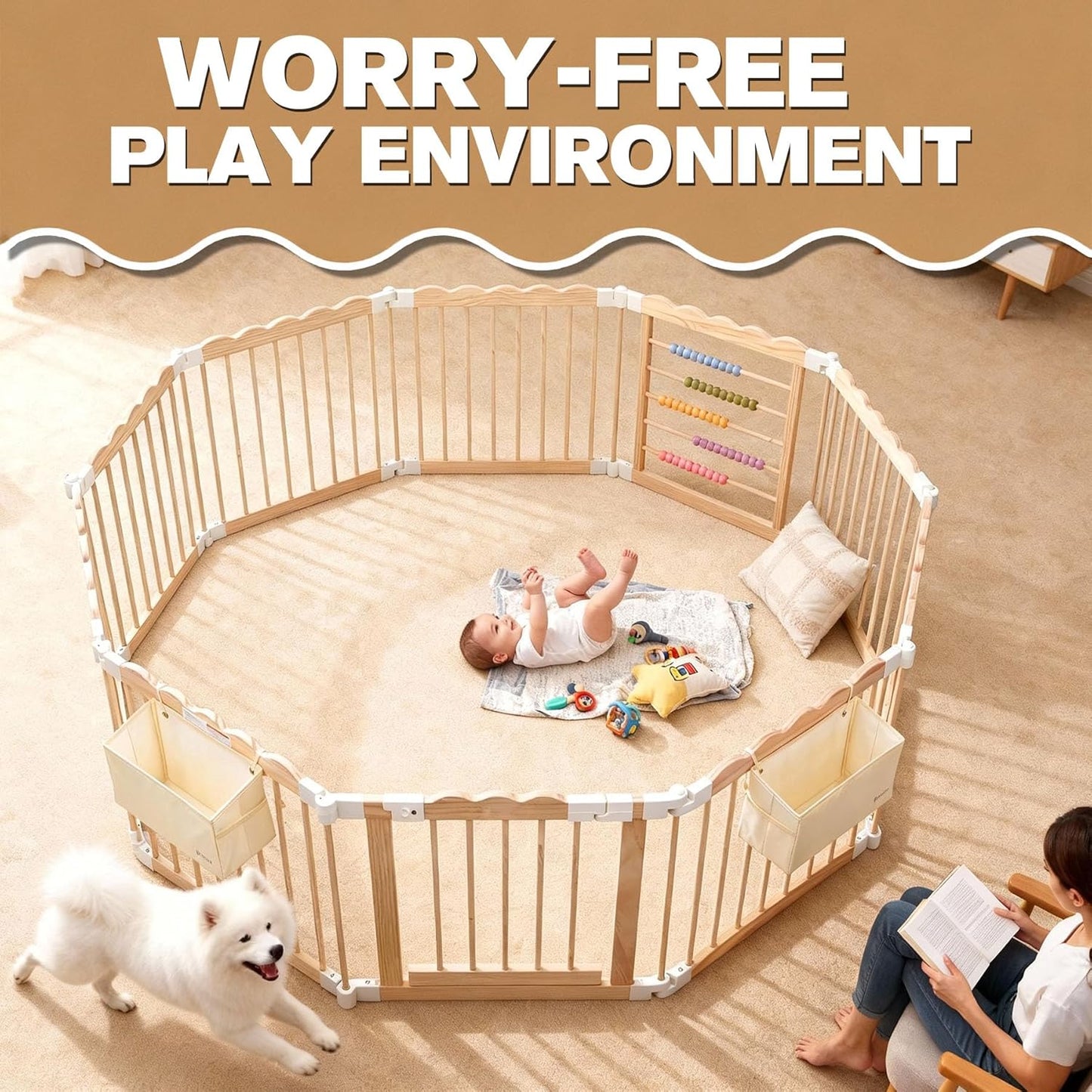M MEEPO Foldable Baby Playpen, 57 x 57 x 25 in, Adjustable Shape & Size Wooden Baby Playpen with 2-Pack Storage Bags, Nature Pine Wood Play Yard for Infant, Toddler, Safety Lock Door, Build in Toys