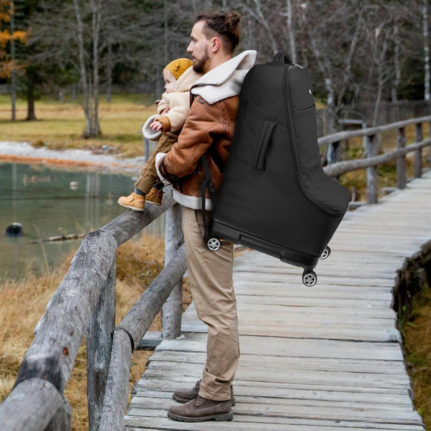 TUGUAN Car Seat Travel Bag for Airplane with Spinner Wheels, Infant Car Seat Bags for Air Travel with Hard Bottom, Padded Car Seat Backpack, Large Car Seat Storage Bag for Airport Check, Brown