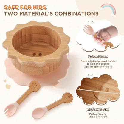 Bamboo Suction Plates Bowls Set for Baby Toddler - Includes Bamboo Bowl, Divided Plate, Silicone Fork & Spoon, All-Natural Baby Feeding Set for Baby-Led Weaning