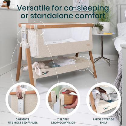 Tutti Bambini CoZee® 2-in-1 Baby Bassinet & Bedside Sleeper - Fast-Folding Bedside Bassinet, Baby Crib with 6 Mattress Heights & Breathable Mesh Window, Mattress Included, 0-6 Months (Oak & Charcoal)