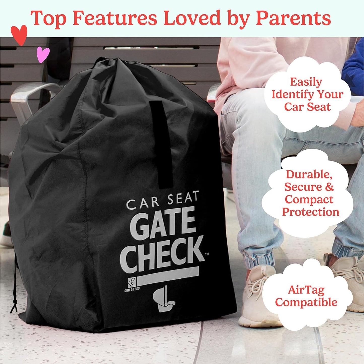 J.L. Childress Gate Check Travel Bag for Car Seats - Car Seat Travel Bag for Airplane, Includes AIRTAG Holder, Fits All Baby Carriers, Infant Carriers & Child Booster Seats - Neon Blue