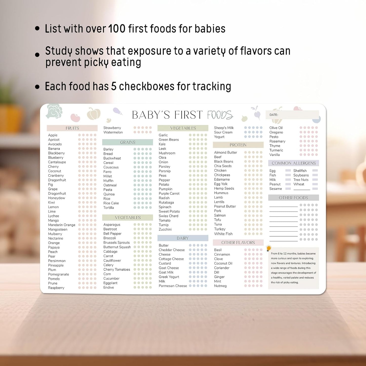 BIROYAL Baby First Foods Tracker Fridge Magnet, Led Weaning Supplies, 12"x8" Dry Erase Daily Food Log, 101 Foods Checklist Before One, Baby Feeding Essentials