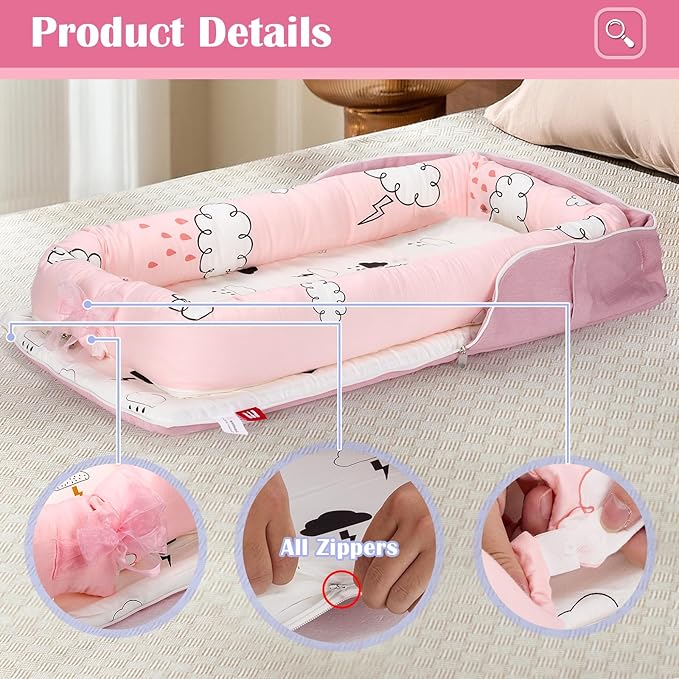 Baby Lounger for Newborns & Infants 0–24 Months, 100% Cotton Breathable Infant Support Cushion with Adjustable Size, Portable Baby Nest for Home and Travel, Baby Shower Gift (Rain Cloud)