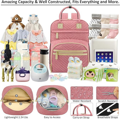 Tenot Baby Diaper Bag Backpack Tote for Women Large Capacity with Insulated Pockets Multifunctional Waterproof Diaper Bags For Baby Girl Boy Mama Maternity Travel Bag Pink