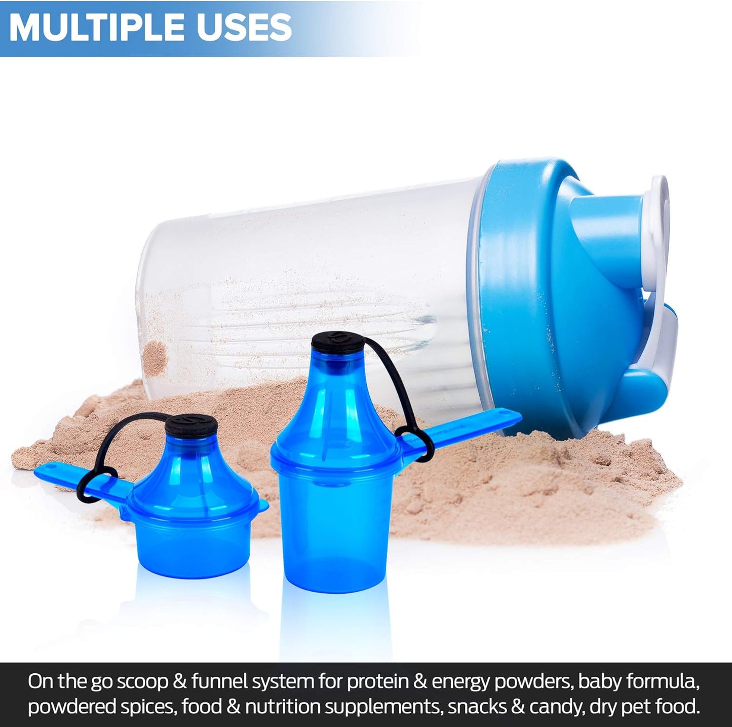 Supplement Container, Scoop, and Funnel System for Pre Workout Powder and Post Workout Protein, Spill Proof Holder Dispenser, Gym and Shaker Bottle Travel Accessory, PACK OF 4, WHITE