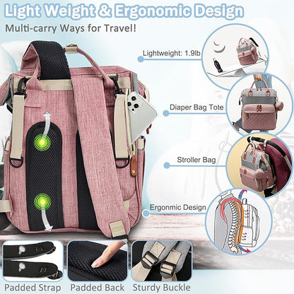 SHITIESHOU Diaper Bag Backpack Baby Bag, Baby Girl Boy Diaper Bag for Dad Mom with Pad, 16 Pockets, Pacifier Case, Large Diaper Bags Unisex for Travel(Pink Grey)