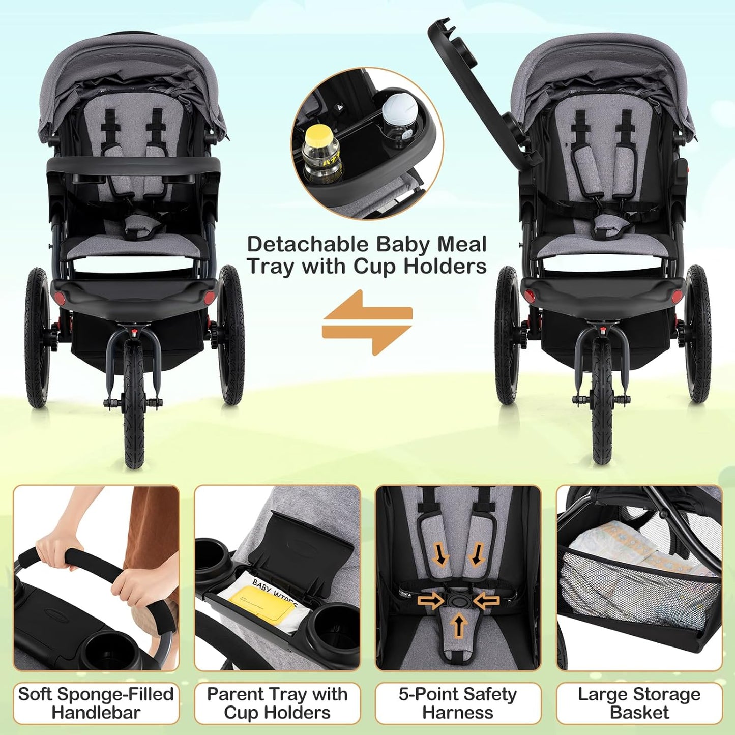 HONEY JOY Jogging Stroller, Foldable Running Stroller w/Adjustable Canopy & Recline Seat, 2 Cup Holders, Snack Tray, Storage Basket, Bicycle Tires, Baby Jogger Stroller for Infants to Toddlers (Gray)