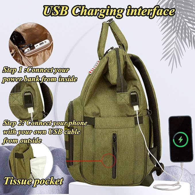 Diaper Bag Backpack for Dad and Mom with USB Charging Port Stroller Straps and Insulated Pocket,army military Travel Nappy Backpack for daddy mommy (Green)