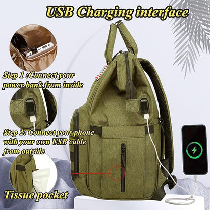 Diaper Bag Backpack for Dad and Mom with USB Charging Port Stroller Straps and Insulated Pocket,army military Travel Nappy Backpack for daddy mommy (Green)