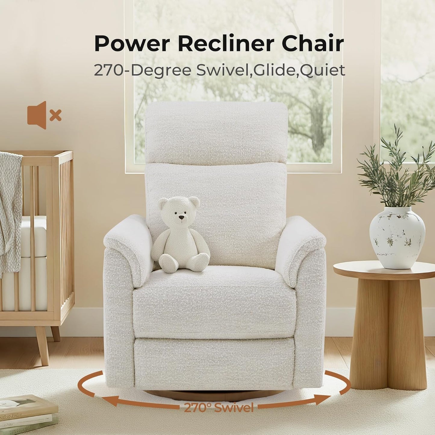CHITA Power Swivel Glider for Adults with Nightlight, Nursery Recliner Chair with Power Headrest for Living Room, Bedroom, Water-Resistant Boucle Fabric in Sand