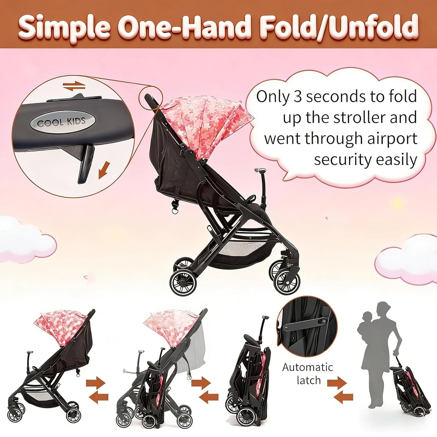 COOL KIDS Portable Stroller with Automatic Fold,Lightweight Umbrella Stroller with Pop Out Sun Canopy,Compact for Travel(Pink)