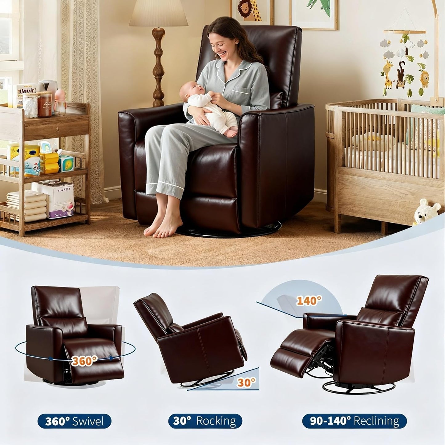 IDEALHOUSE Swivel Rocking Nursery Recliner Chair Rocker Recliner Glider Deep Seat PU Leather Sofa Chair with high Backrest for Nursery, Living Room, Bedroom & Home Movie Theater (Chocolate)