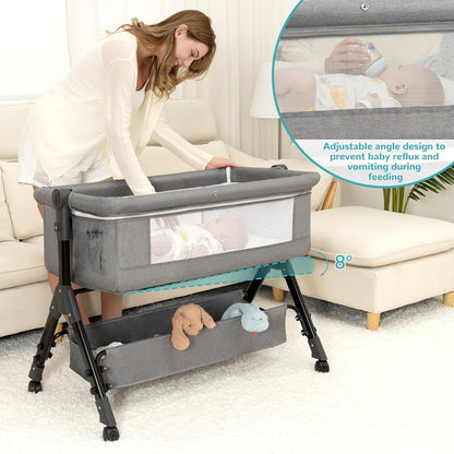 BCOL 3 in 1 Baby Bassinet Bedside Sleeper, Bedside Crib for Baby, Adjustable Baby Bassinet with Wheels, Storage Basket, Mattress, Easy Assemble & Folding Portable Baby Cradle (Grey)