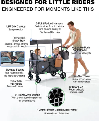 2-in-1 Wagon Stroller for Two Kids – Foldable Push & Pull All‑Terrain Wagon with Canopy, 5‑Point Harnesses, 2-in-1 Storage Bag (Converts to Shoulder Bag), Lightweight, Compact – Black