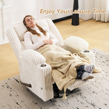 Oversized Power Recliner Chair with Massage and Heat, Swivel Rocker Recliner Chair for Adults with Arm Storage, Nursery Glider Recliner with Adjustable Headrest and Phone Stand, Side Pockets, Beige