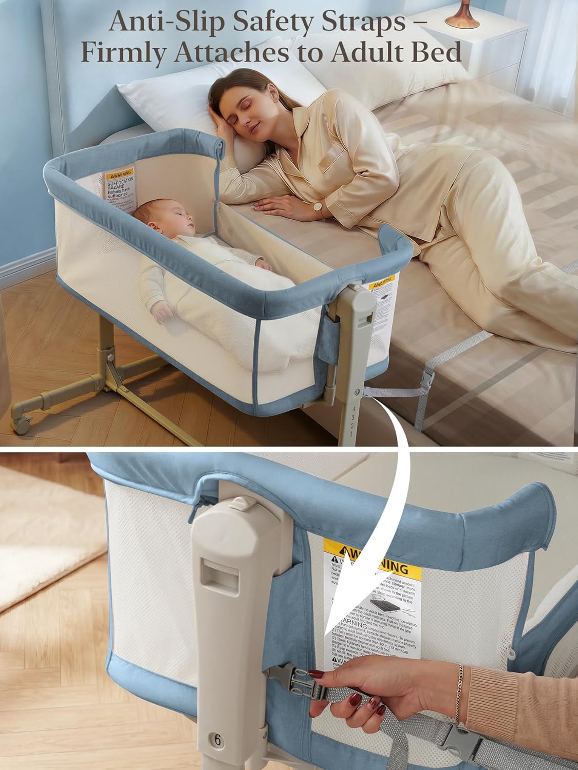 ONTHEWEI Baby Bassinet Bedside Sleeper 3-in-1, Easy Night Feeding with One-Side Fold & Rolling Wheels, Breathable Mesh, 6-Height Adjustable, Soft Mattress for Newborns