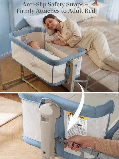 ONTHEWEI Baby Bassinet Bedside Sleeper 3-in-1, Easy Night Feeding with One-Side Fold & Rolling Wheels, Breathable Mesh, 6-Height Adjustable, Soft Mattress for Newborns