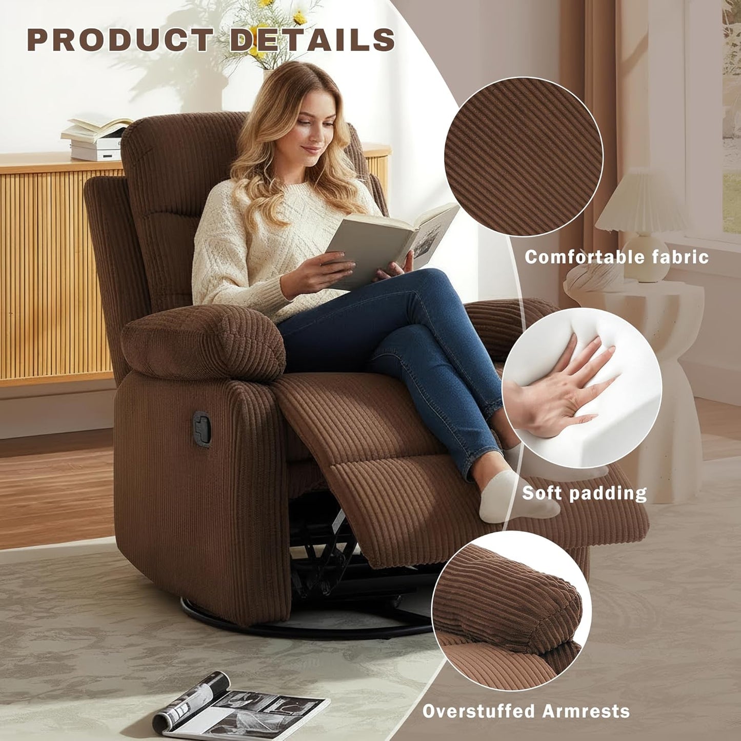 Rocking Recliner Chair,Modern Swivel Glider Recliner Chair,Corduroy Fabric Upholstery Recliner,Manual Reclining Sofa Chair for Living Room,Office,Apartment (Beige)