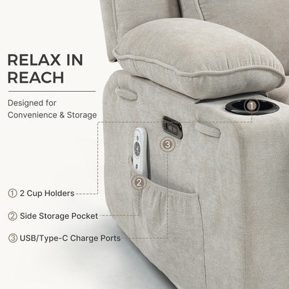 Recliner Chair Power Control, Nursery Reclining & Rocking Chair and Glider, Massage Swivel Living Room Furniture for Small Spaces, Bedroom, RVS, Lounge Sofa Chairs with USB & Type C Ports, Light Gray