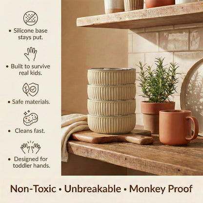 Monkey Proof™ Non-Toxic Stainless Steel Child Bowl 5” with Non-Slip Grooved Silicone Shell, (Set of 4 bowls) Unbreakable, Mess Free Feeding for Babies, Toddlers, Kids, BPA free (Stormy Sky Grooved)