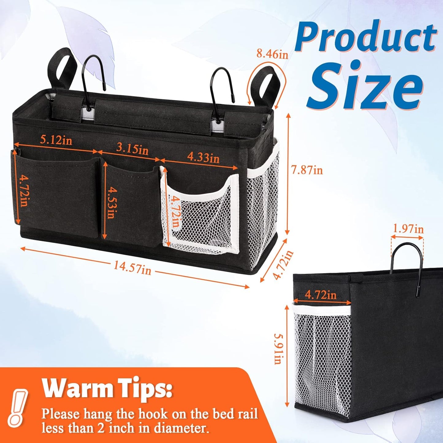Loghot Bedside Caddy/Bedside Storage Bag Hanging Organizer for Bunk and Hospital Beds,Dorm Rooms Bed Rails,Can be Placed Glasses,Books,Mobile Phones,Keys (White)
