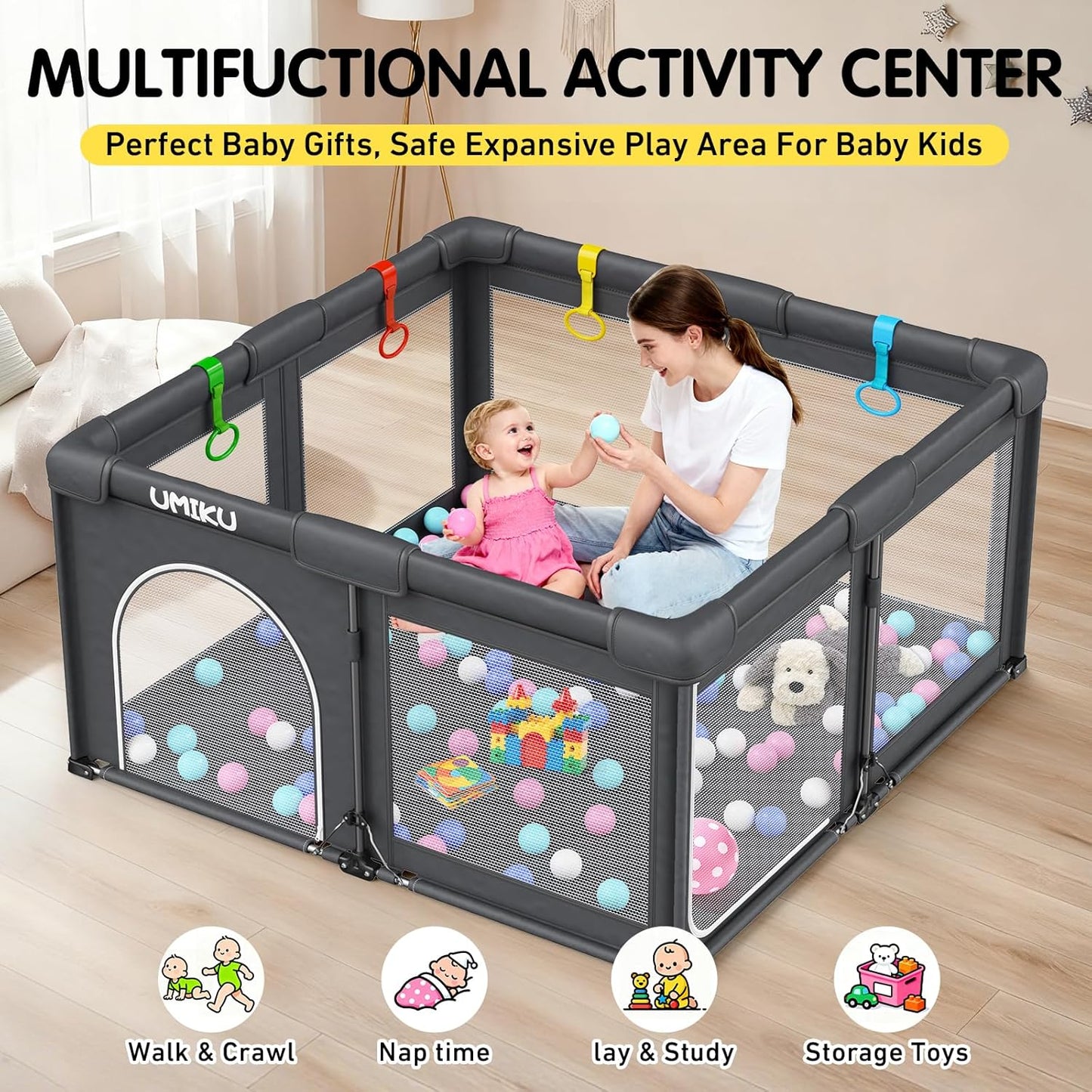 Baby Playpen Foldable Playpen for Babies and Toddlers, Large Playpens Portable Play Pen Play Yard for Kids Fence Indoor Outdoor Travel 4 Handlers 50 Balls Baby Gifts Essentials 50"X50" Dark Grey