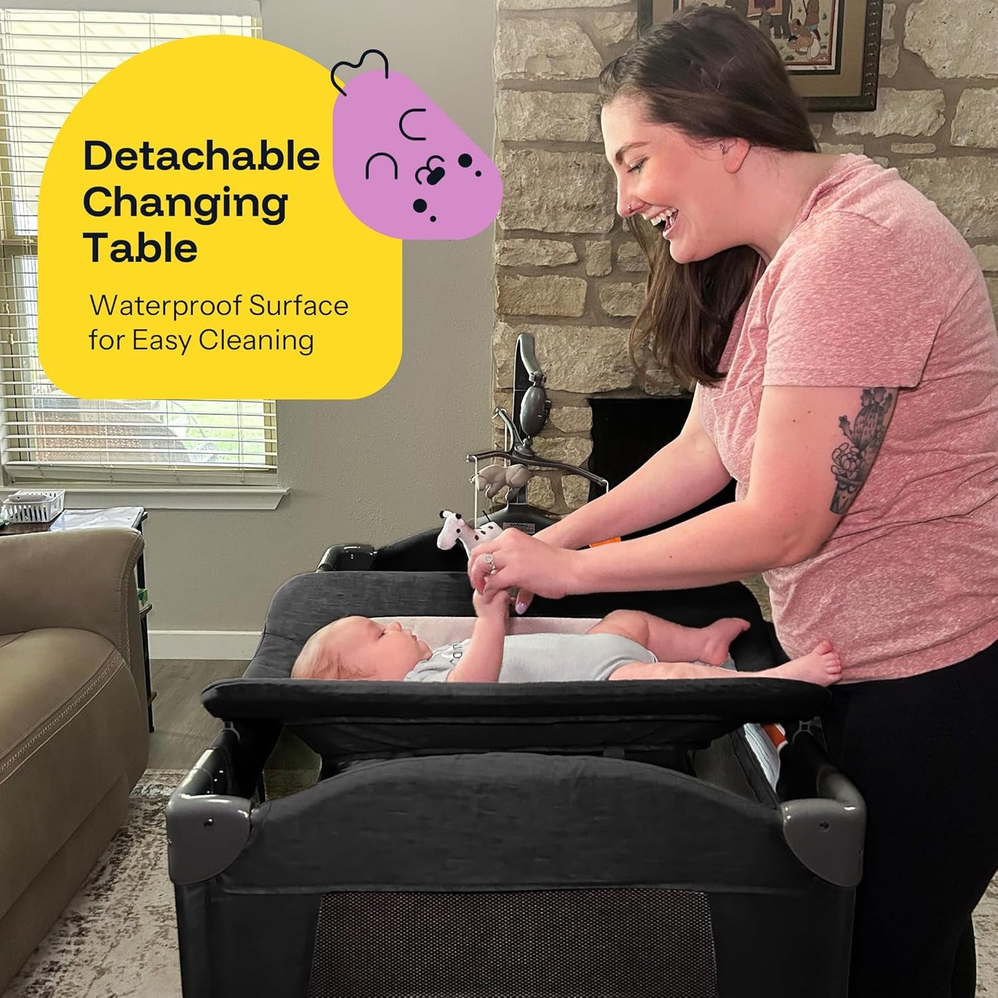 HARPPA Pack and Play 6 in 1, Portable Baby Playard for Travel, Baby Bassinet Bedside Sleeper with Mattress, Rolling Bassinet for Infant, Pack n Play with Changing Table, Bed Crib(Black)