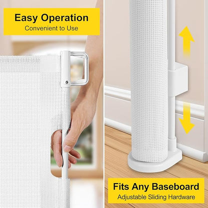 Reinforced 42” Tall x 200” Extra Long Retractable Baby Gates, Extra Tall Baby Gates for Dogs with Support Rods, Retractable Dog Gate for Wide Opening Pet Gate Indoor Outdoor, White