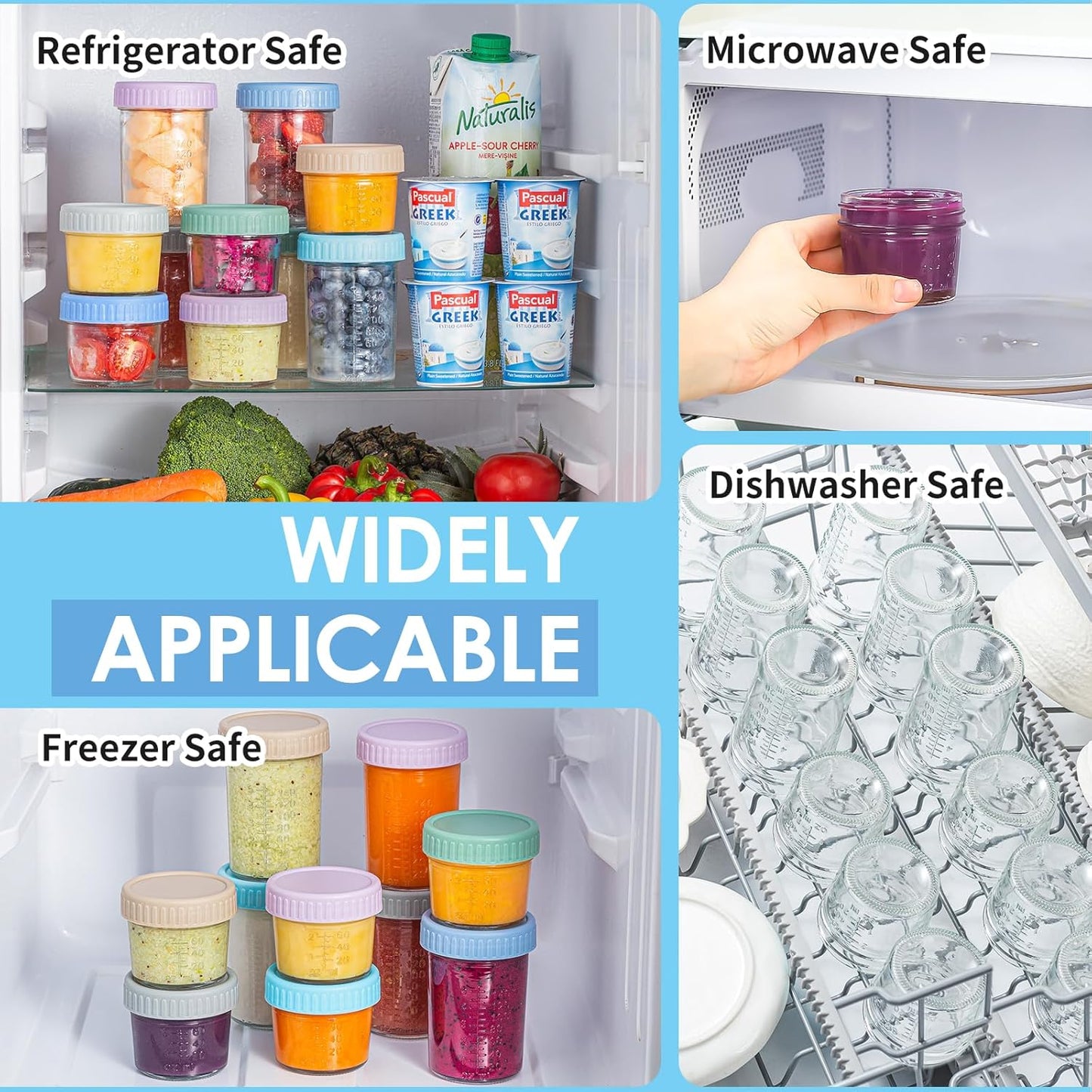 DRKIO 12 Pack Glass Baby Food Storage Containers - 4 Oz Baby Food Jars with Lids Baby Food Maker Microwave Dishwasher Freezer Safe 100% Leak Proof BPA Free Reusable