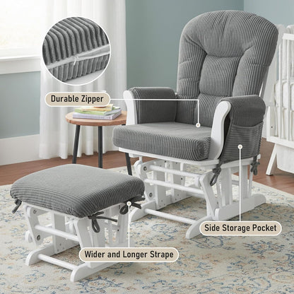 5PCS Glider Rocker Replacement Cushions with Storage Side Pockets, Thickened 3.5IN Seat & Supportive Striped Plush Rocking Chair Cushion Set with Ottoman Cover for Indoor Nursery, Beige