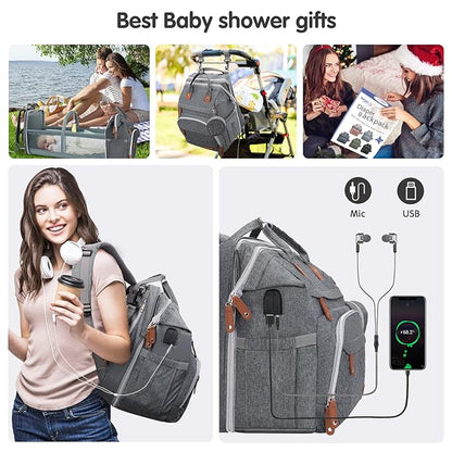 DERJUNSTAR Diaper Bag Backpack – Large Capacity Baby Diaper Bag with Changing Pad, Waterproof Travel Backpack for Boys & Girls, Multi-Function Baby Bag with USB Charging Port, Grey