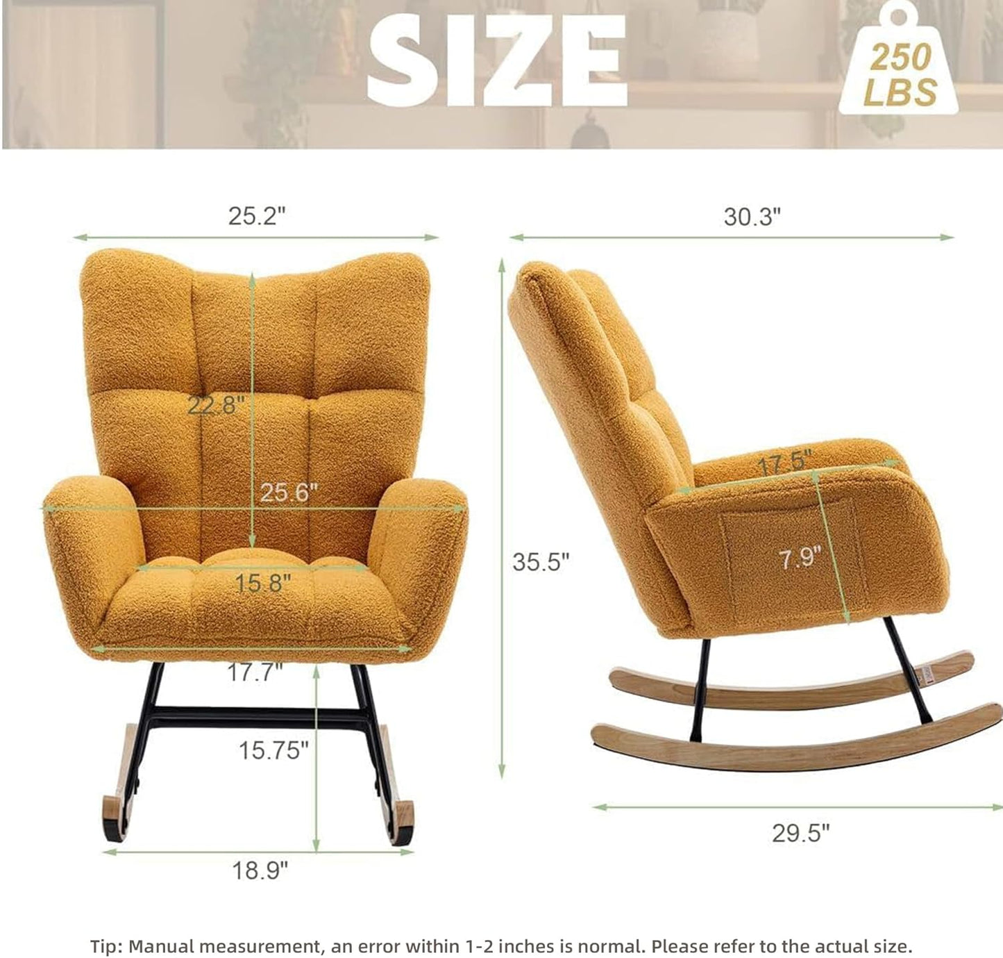 Nursery Rocking Chair Teddy Upholstered Glider Rocker Rocker Accent Chair with High Backrest Armchair Comfy Side Pocket Modern Rocking Accent Chairs for Living Room, Nursery, Office-Green
