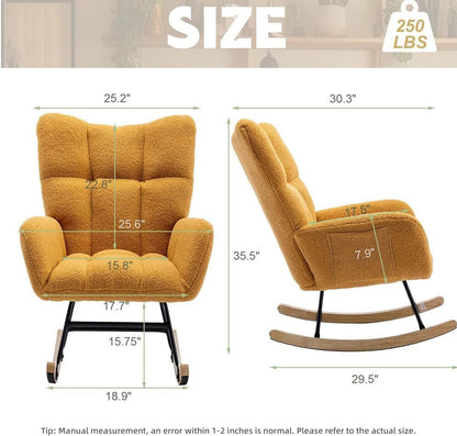 Nursery Rocking Chair Teddy Upholstered Glider Rocker Rocker Accent Chair with High Backrest Armchair Comfy Side Pocket Modern Rocking Accent Chairs for Living Room, Nursery, Office-Green