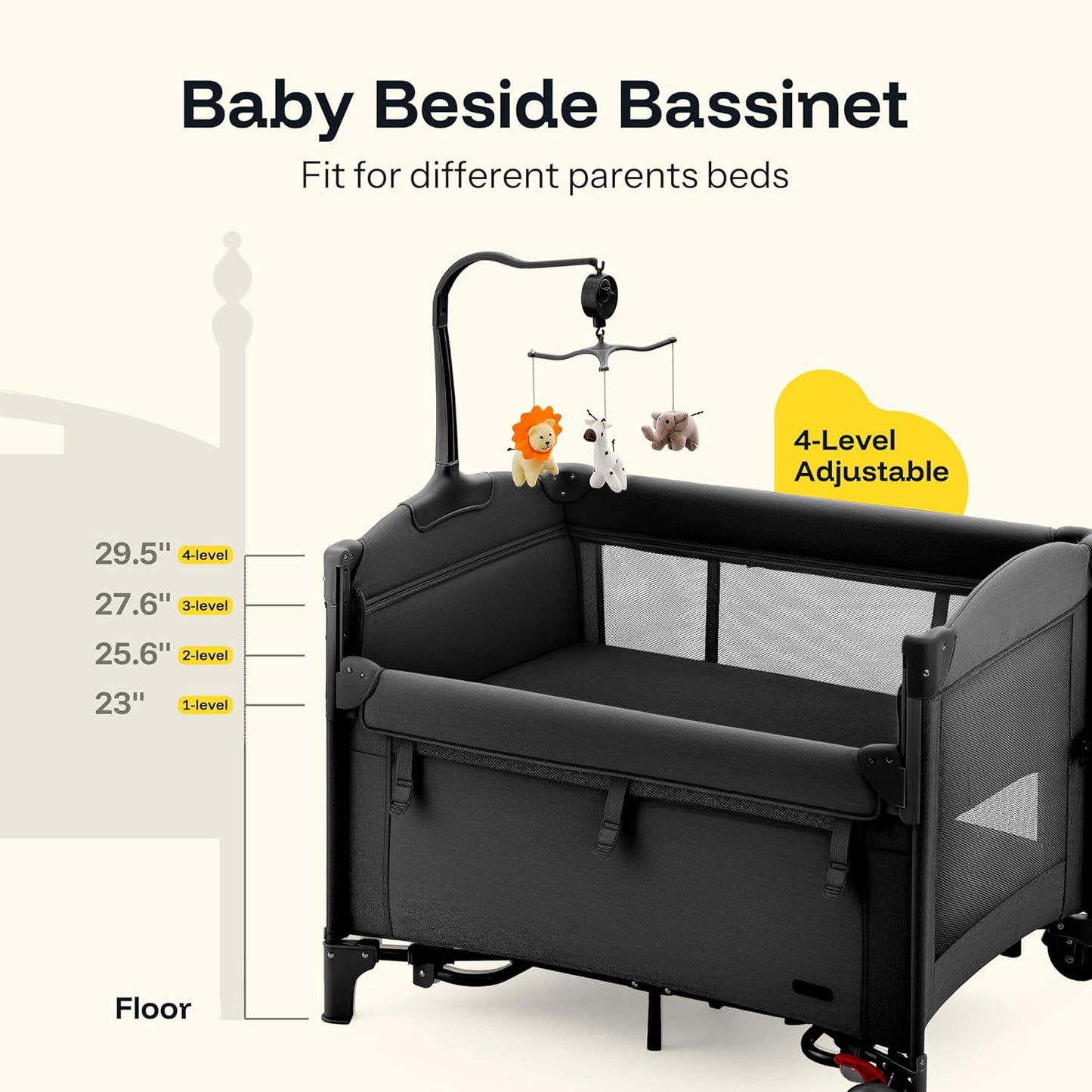 HARPPA Pack and Play 6 in 1, Portable Baby Playard for Travel, Baby Bassinet Bedside Sleeper with Mattress, Rolling Bassinet for Infant, Pack n Play with Changing Table, Bed Crib(Black)